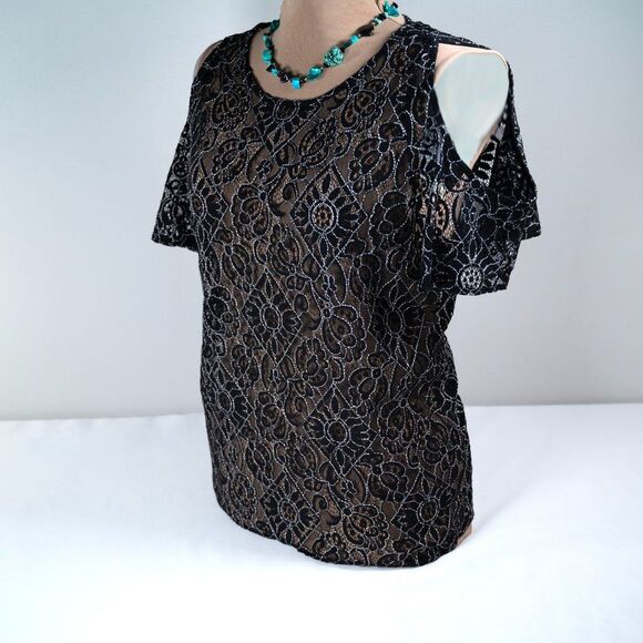 LOFT Black Floral Sheer Lace Black Cold Shoulder Top - Picture 3 of 10